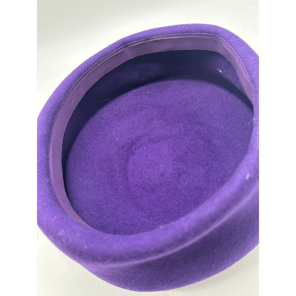 Vintage 80s Purple Wool Felt Pillbox Hat Olive Velvet Rosette Flowers 56cm Sz M - Picture 13 of 13